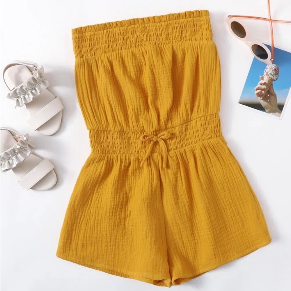 Shein Cotton Gauzy Shirred Panel Tie Waist Tube  Romper
